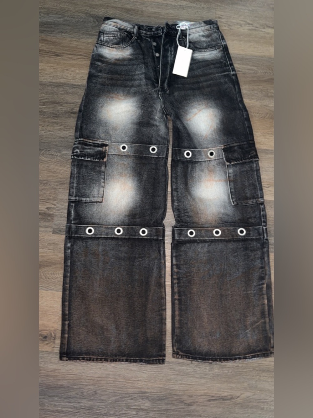 MNML Black Washed Cargo Jeans with Eyelet Straps